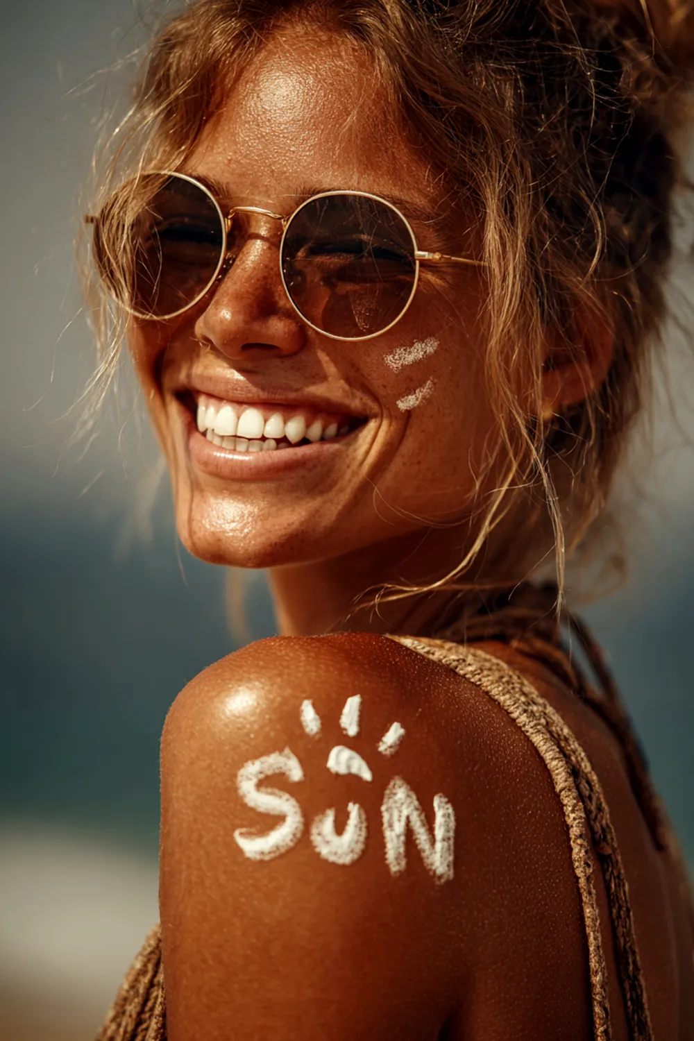 Close-up of a smiling woman with sunglasses and the word “SUN” written in sunscreen on her shoulder — beach vacation skincare moment.