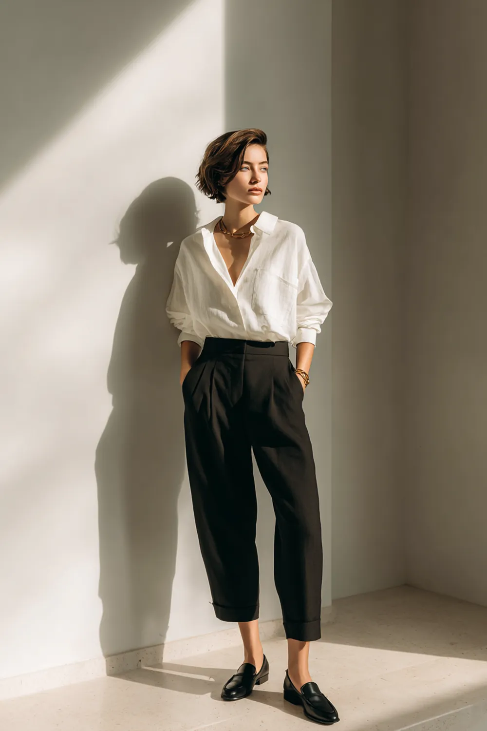 Woman wearing a white linen shirt tucked into high-waisted black tailored pants, styled with loafers and gold jewelry in soft natural light