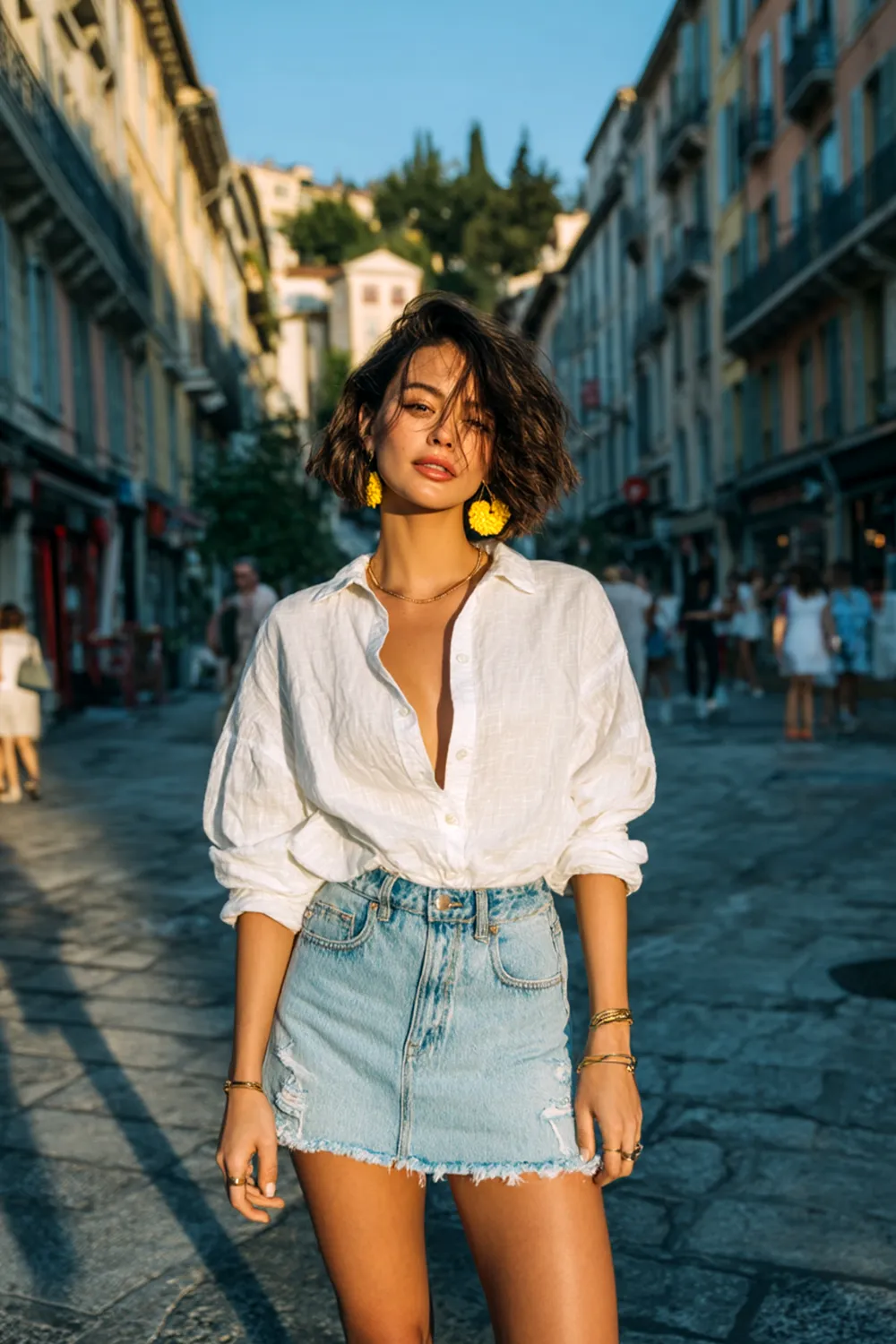 Woman wearing a white linen shirt tucked into a high-waisted denim mini skirt, styled with bold yellow earrings, posing in the city at golden hour