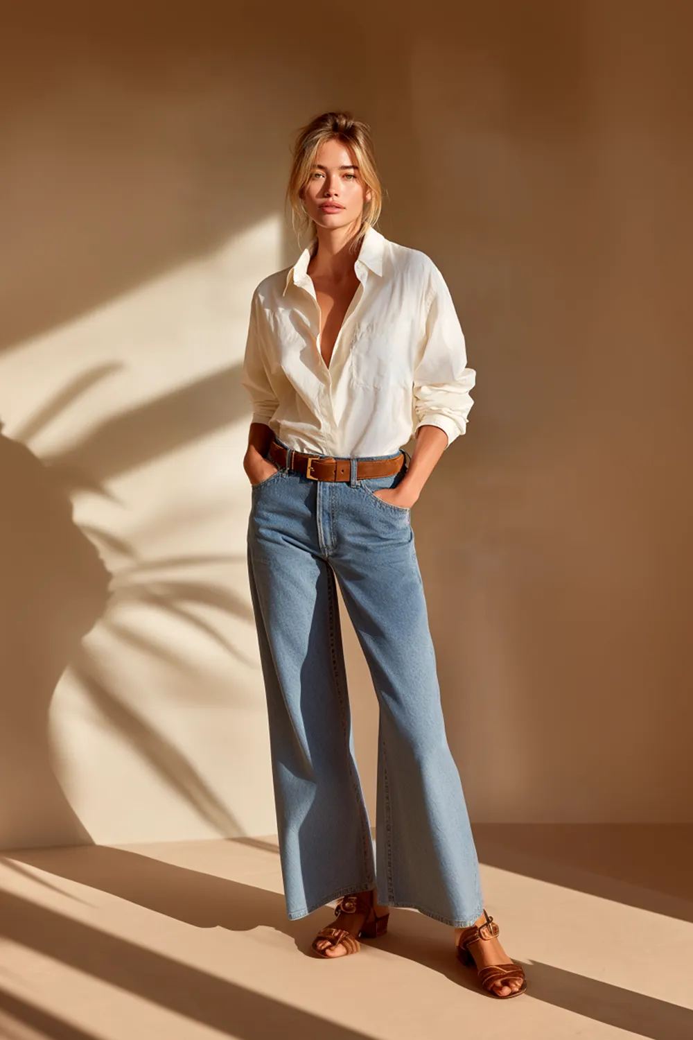 Woman wearing a white linen shirt tucked into high-waisted wide-leg jeans with brown belt and sandals in warm natural light