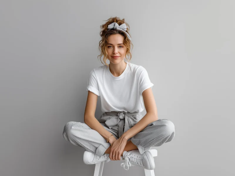 Woman seated cross-legged on a stool wearing white low-top sneakers, striped high-waist pants, a white tee and bow headband against a neutral background
