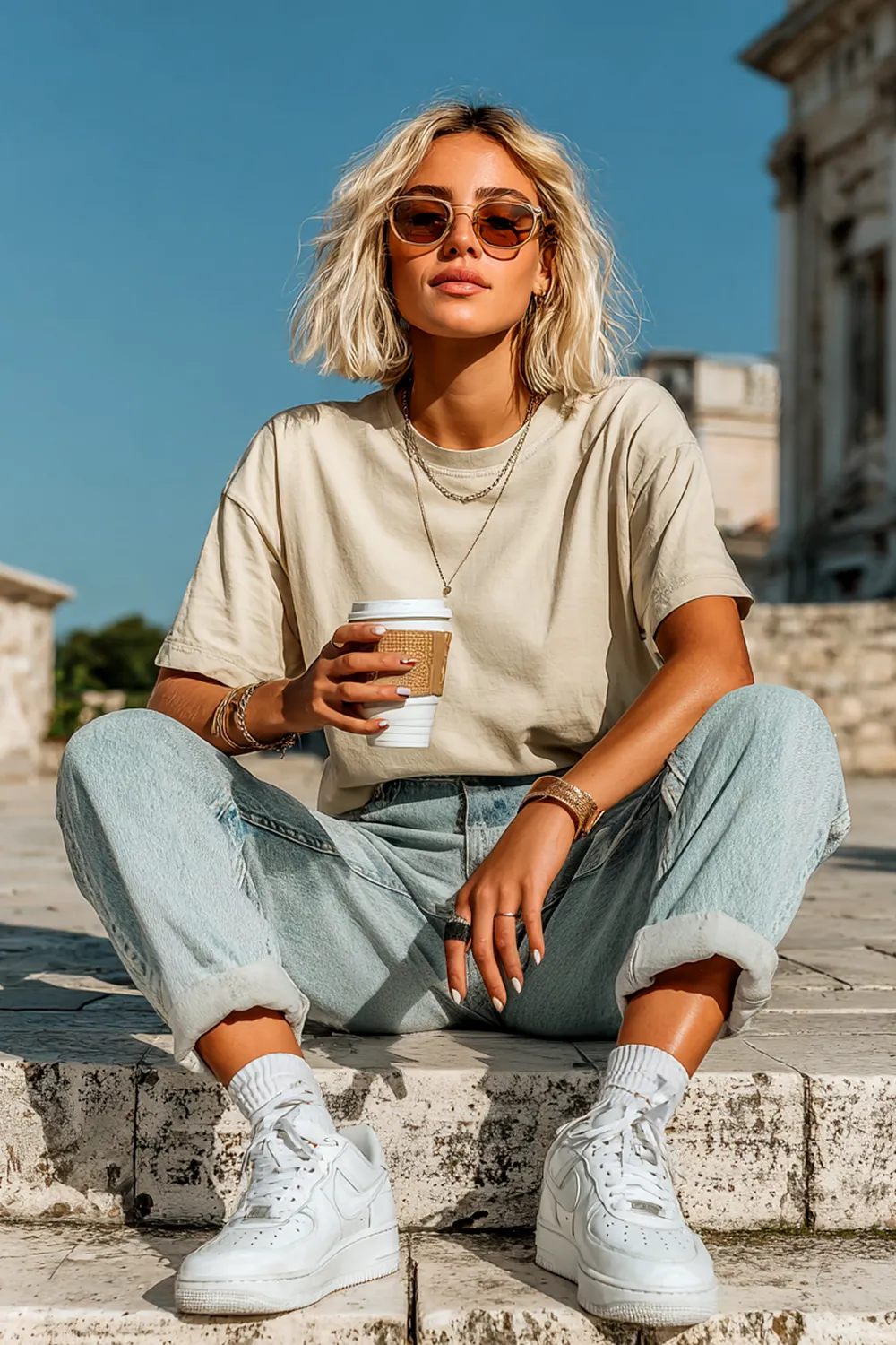 Candid street-style photo of a woman in cuffed light-wash jeans and a beige tee, wearing white Air Force 1 sneakers, sitting on stone steps holding coffee, sunny urban backdrop