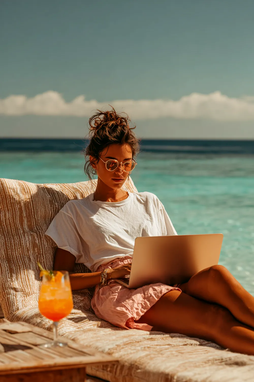 Young woman in sunglasses working on a laptop by the beach, relaxing with a tropical drink — perfect beach vacation packing moment.