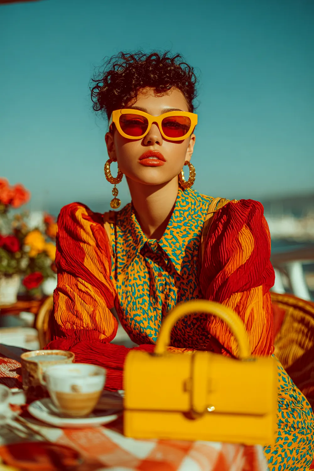 Woman over 30 in 80s inspired colorful outfit with statement earrings bold sunglasses and yellow handbag at outdoor café