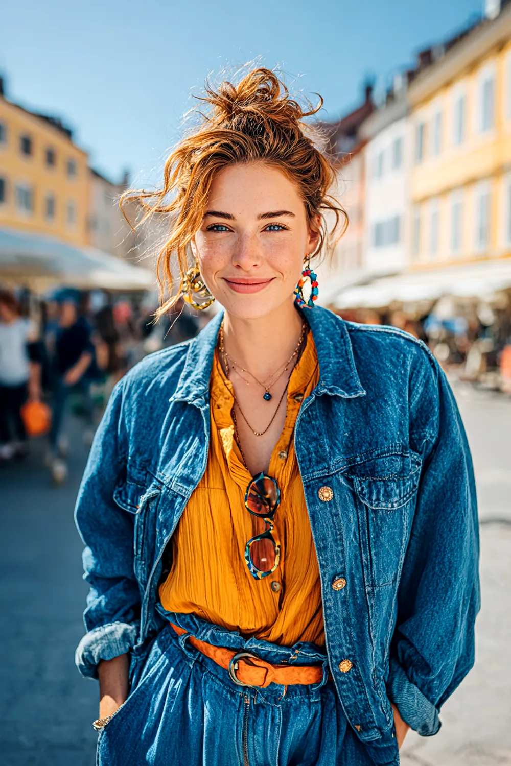 Smiling woman over 30 wearing 80s inspired denim on denim outfit with colorful blouse and accessories at city market