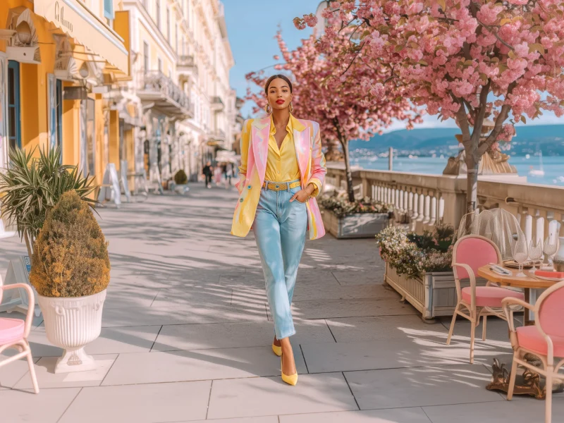 Woman over 30 wearing colorful 80s inspired blazer with high waisted jeans walking on city street with spring blossoms