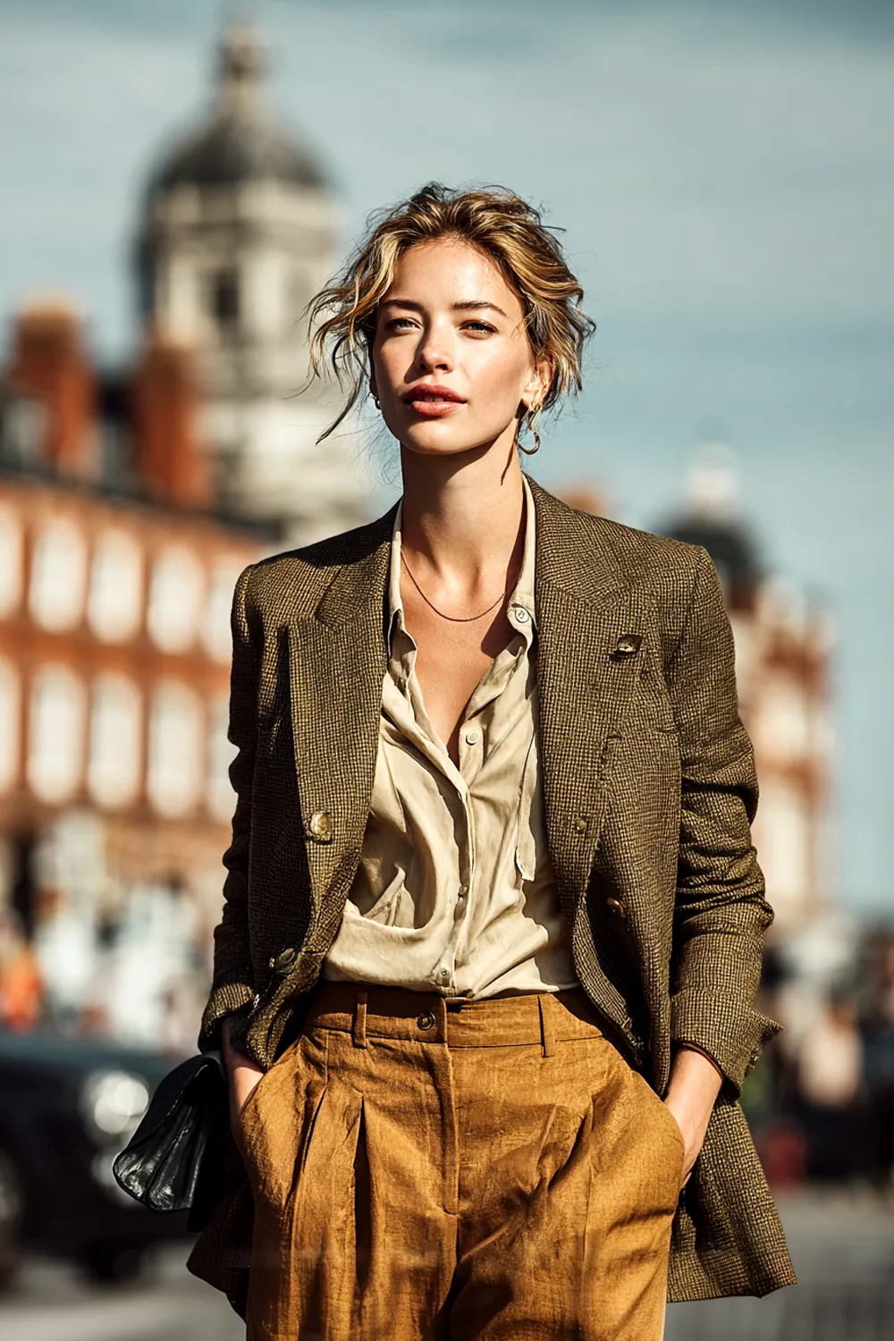 Confident woman over 30 in 80s inspired power blazer with pleated high waisted trousers walking in city street