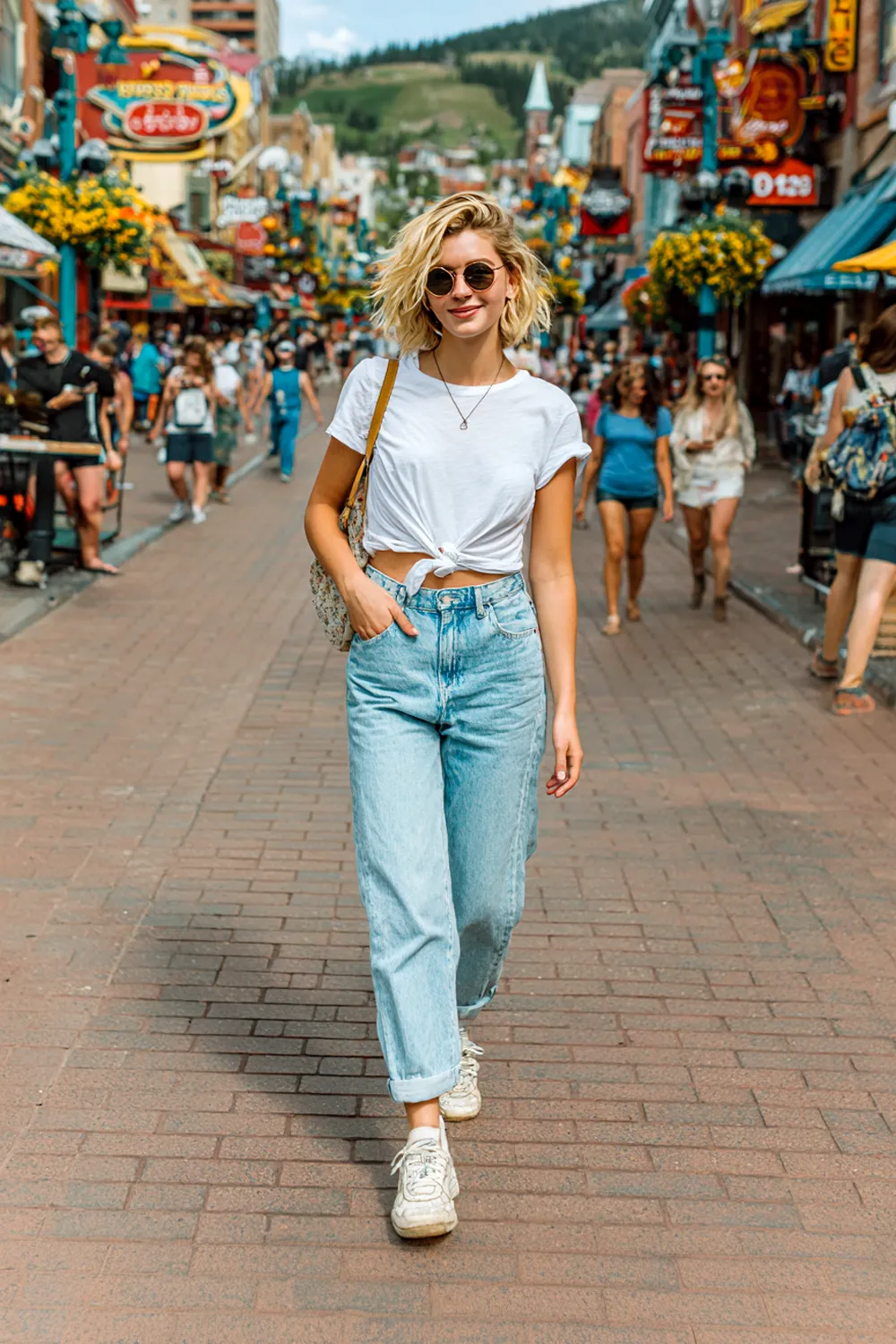 Woman in 90s mom jeans with knotted white tee retro sneakers and sunglasses walking on a busy city street