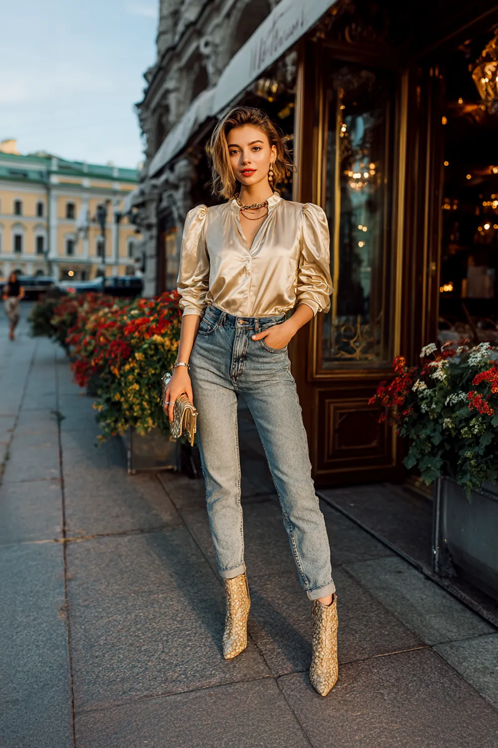 Woman in 90s mom jeans with silky blouse gold clutch and heeled boots posing outside city restaurant in evening light