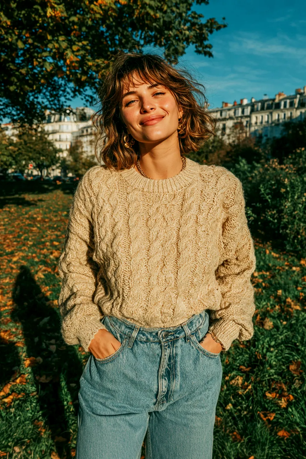 Smiling woman in 90s mom jeans with cozy oversized knit sweater standing in park on a sunny autumn day