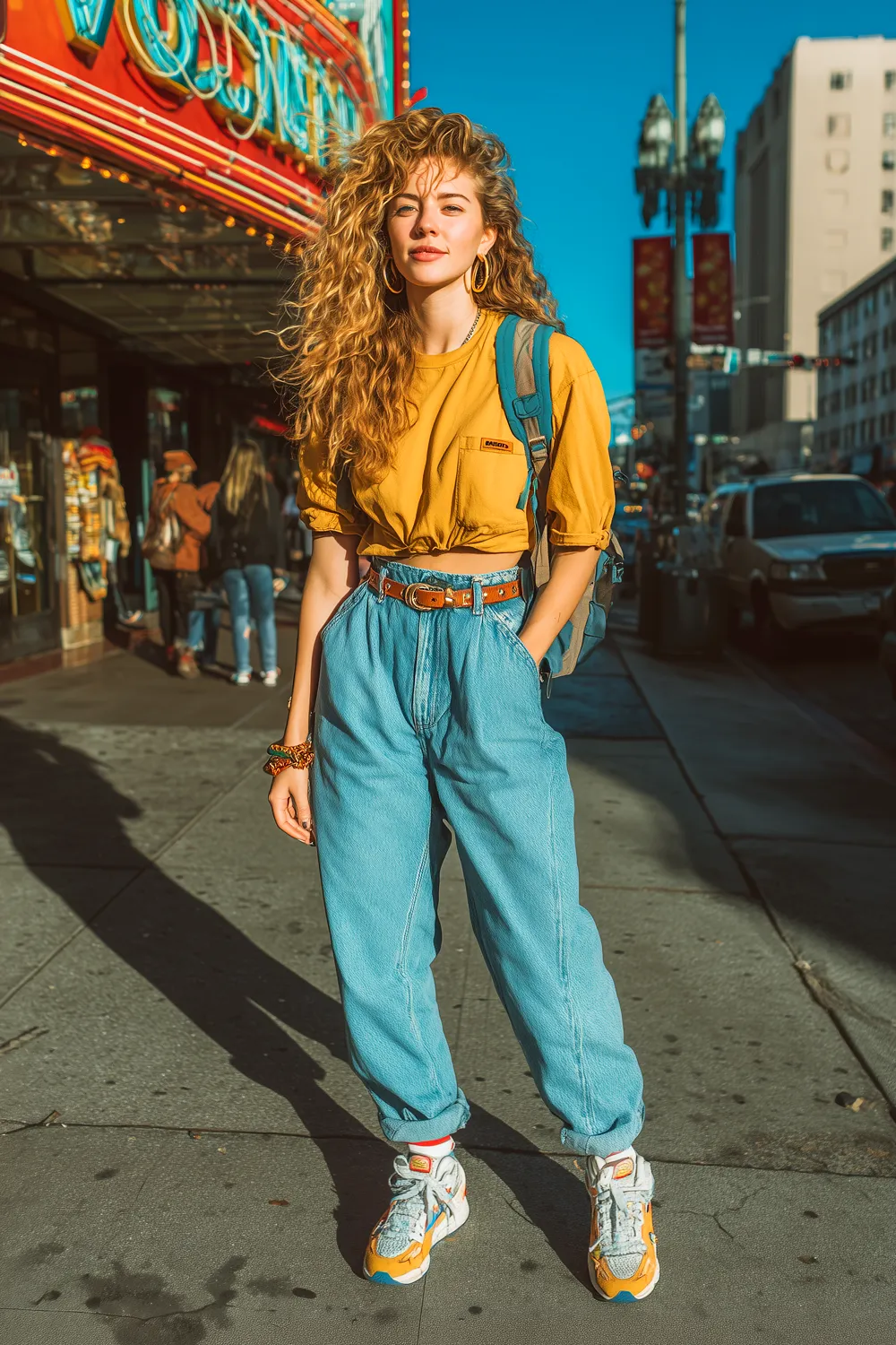 Woman in 90s mom jeans with yellow top belt sneakers and backpack standing in bright city street retro fashion style