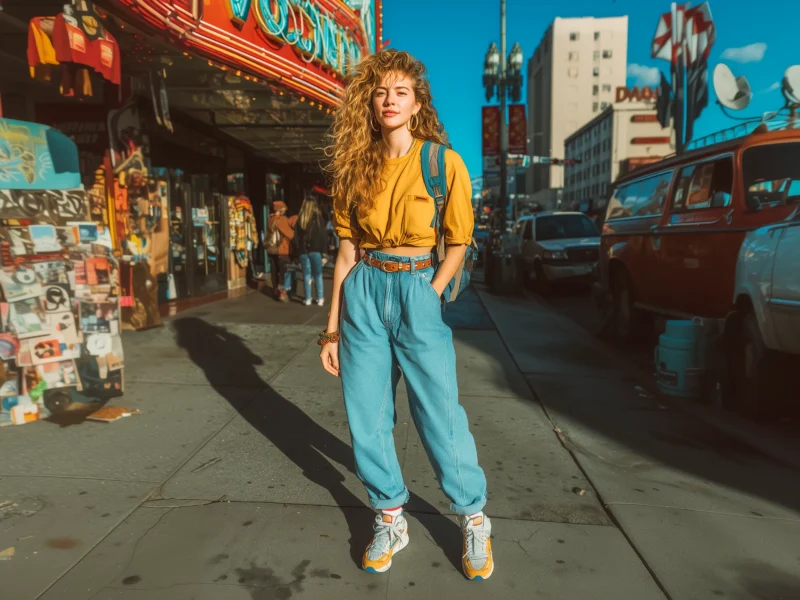 Fashionable woman in 90s mom jeans with yellow top retro sneakers belt and backpack standing on city street