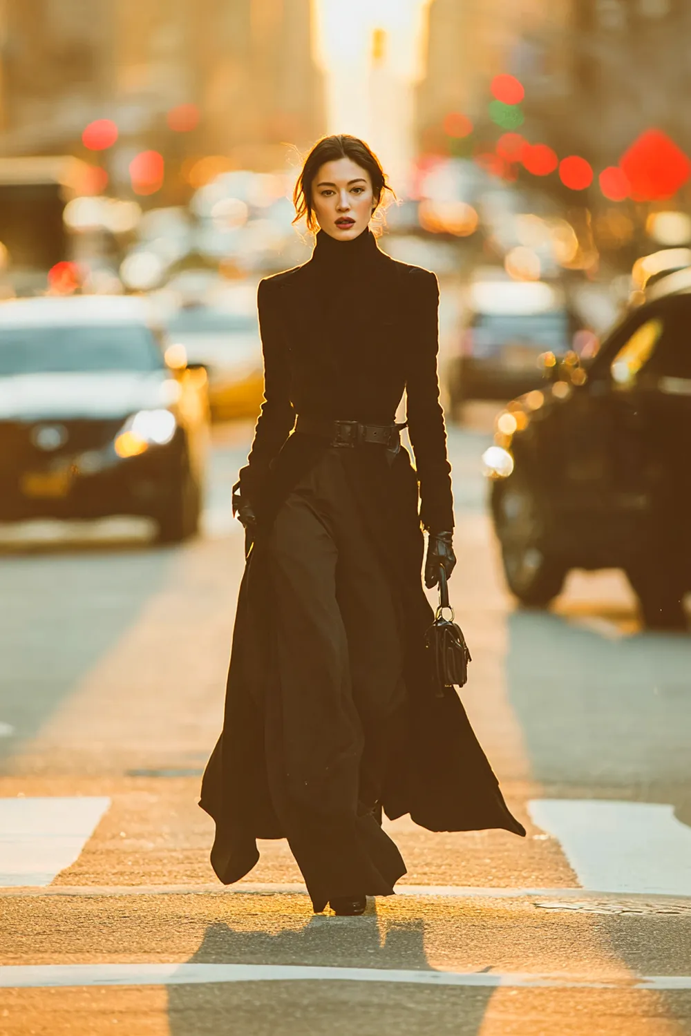 Elegant woman in all-black winter outfit with long coat and gloves walking confidently through city streets at sunset