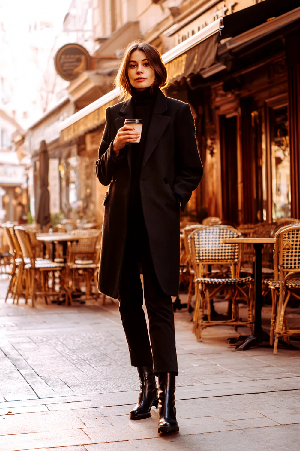 Stylish woman in all-black winter outfit with long coat, turtleneck and ankle boots holding coffee in chic street style