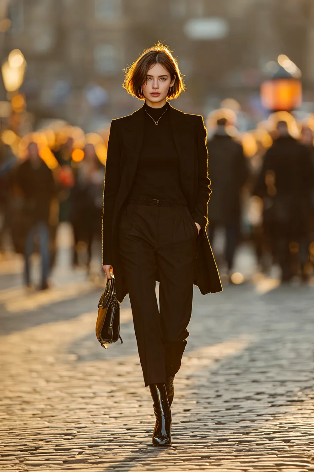 Stylish woman in all-black winter outfit with tailored coat and trousers walking confidently on cobblestone street at sunset