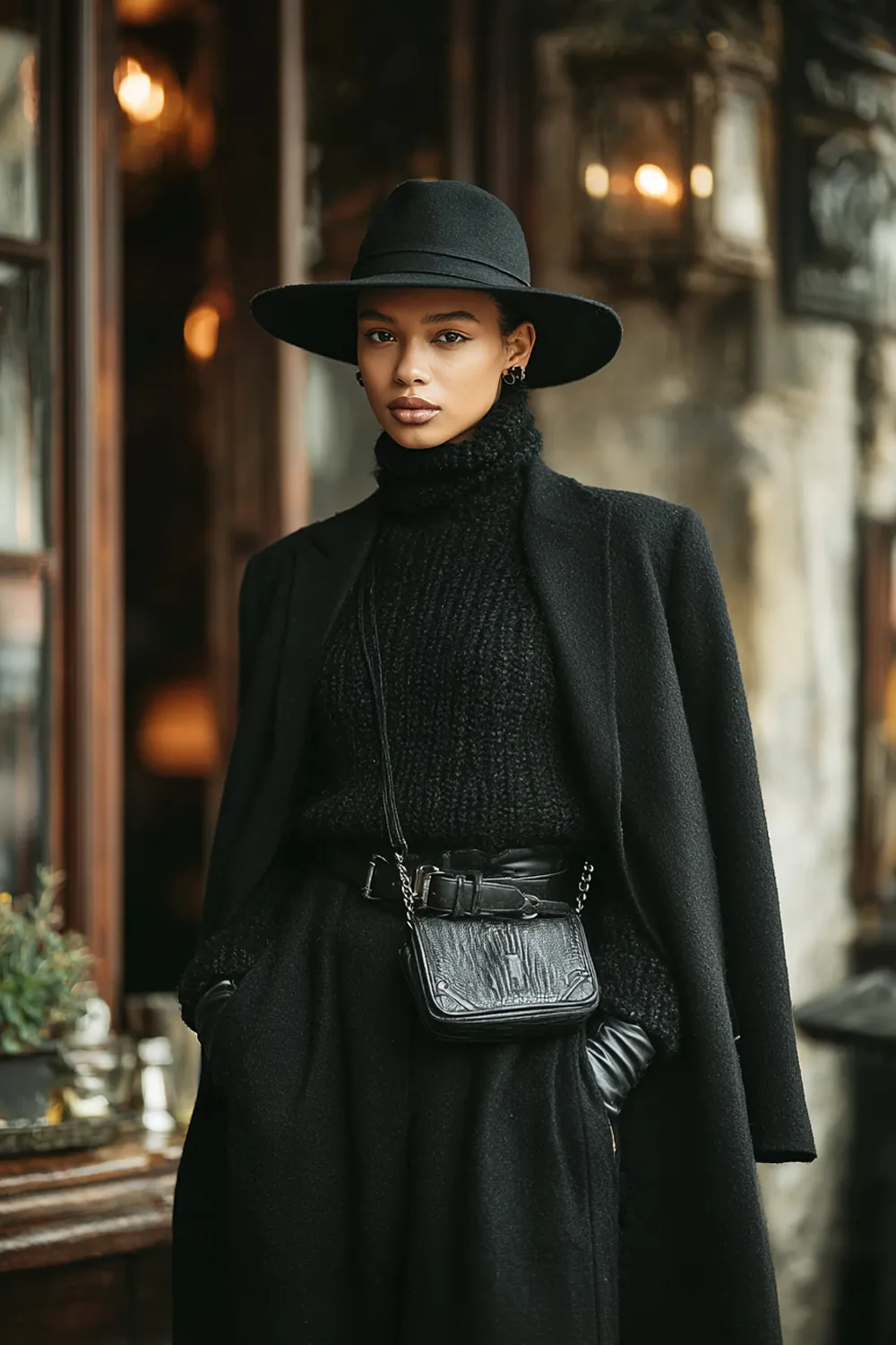 Elegant woman in all-black winter outfit with wide-brim hat, knit sweater and tailored coat styled with leather crossbody bag