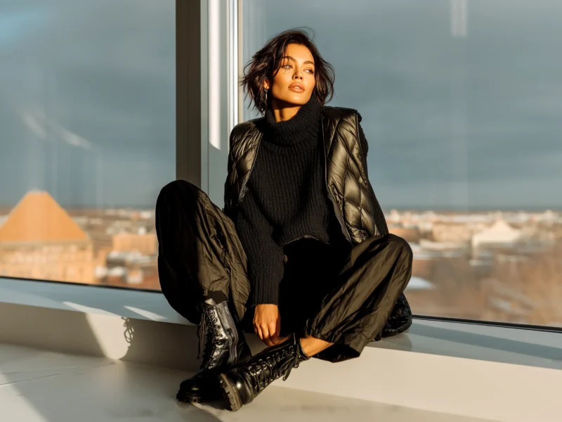 Stylish woman in all-black snowy weekend winter outfit with layered essentials and chic monochrome fashion