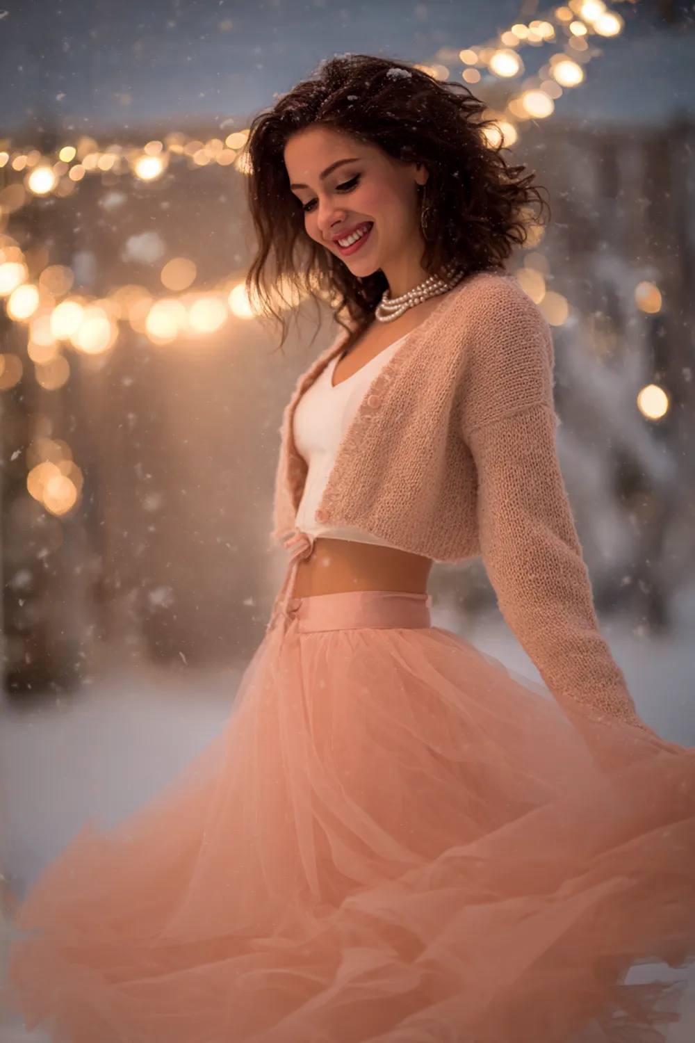 Woman twirling in a blush tulle skirt with pearl necklace, smiling in the snow under warm Christmas lights