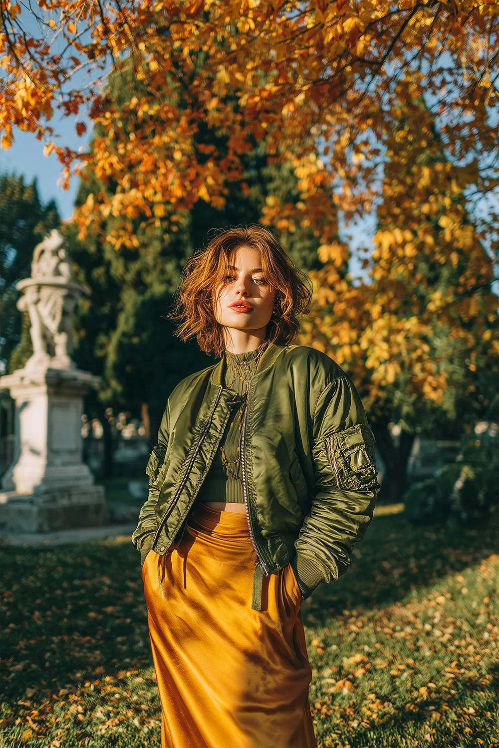 Woman wearing bomber jacket with slip skirt in a fall park outfit