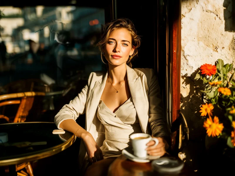 Woman in a stylish business casual outfit sitting at a café table in natural sunlight, looking confident and relaxed