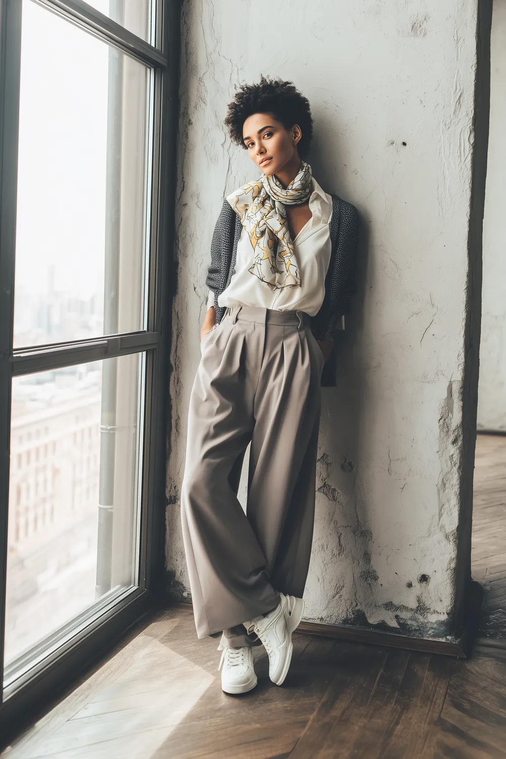 Stylish woman in wide-leg business casual trousers, blouse and scarf, leaning by a window in a sunlit urban loft
