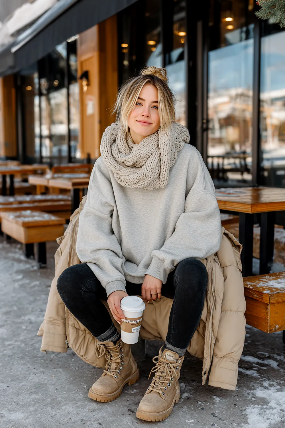 Woman in casual winter outfit with oversized grey sweater, chunky knit scarf, black jeans, and tan boots holding coffee outdoors