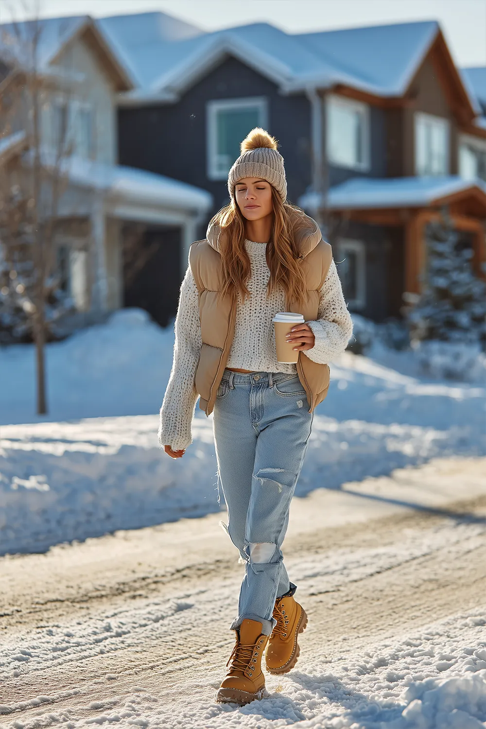 Woman walking through snowy street wearing a cropped knit sweater, beige puffer vest, ripped jeans, tan winter boots and a knit beanie
