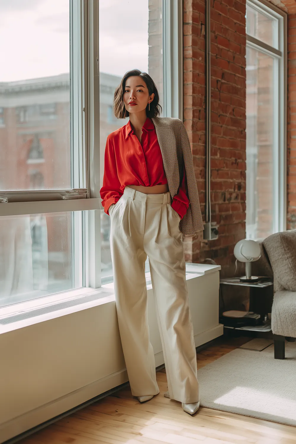 Confident woman in a red blouse and beige high-waisted trousers, standing by a large window in a stylish office with exposed brick walls. Her look is completed with a checkered blazer casually draped over her shoulder.