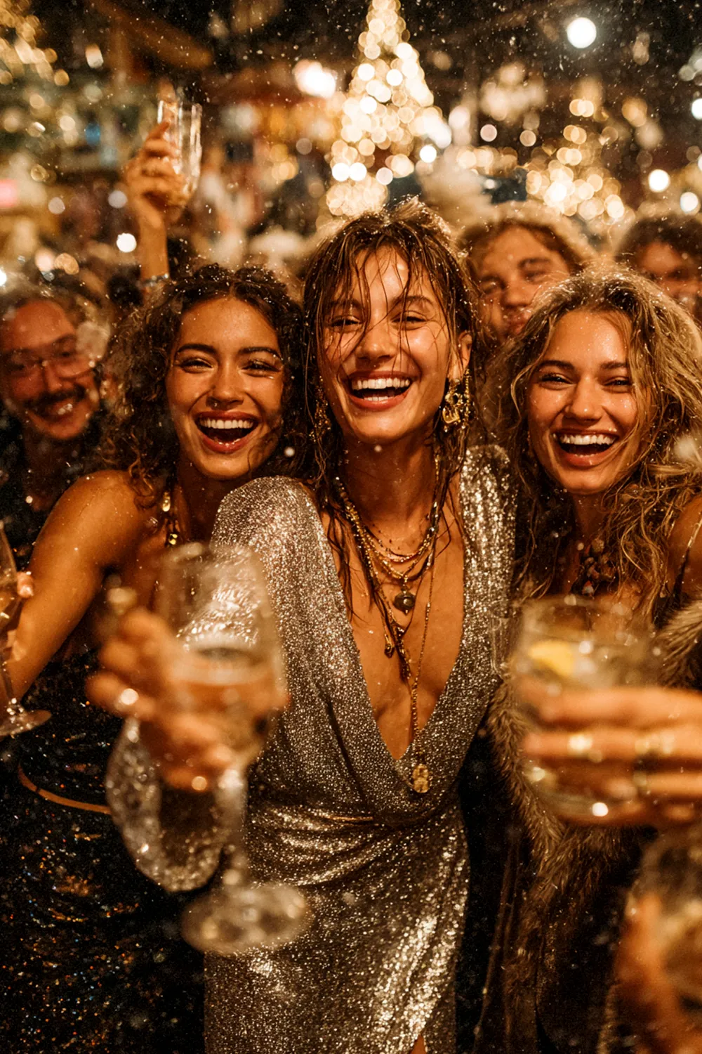 Three young women at a festive Christmas party laughing together in glamorous outfits with glittery dresses and holiday decorations in the background.