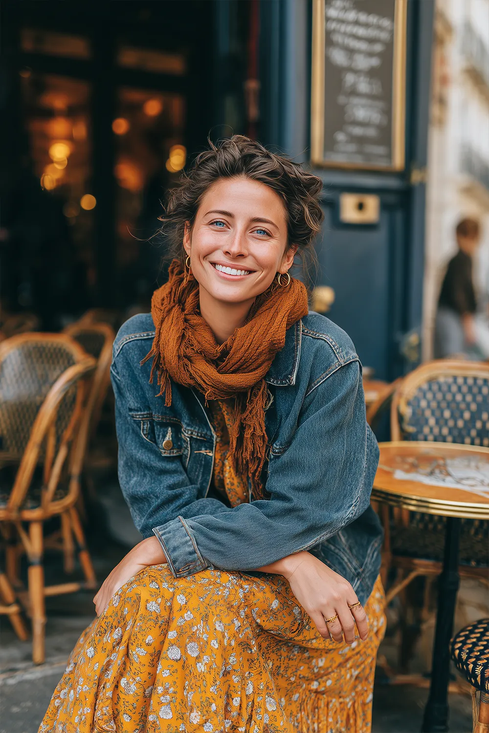Woman in a classic denim jacket and midi dress enjoying coffee at an autumn street café