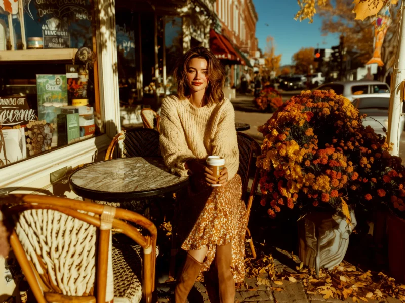 Woman in cozy sweater and floral skirt holding coffee at outdoor café decorated with autumn flowers
