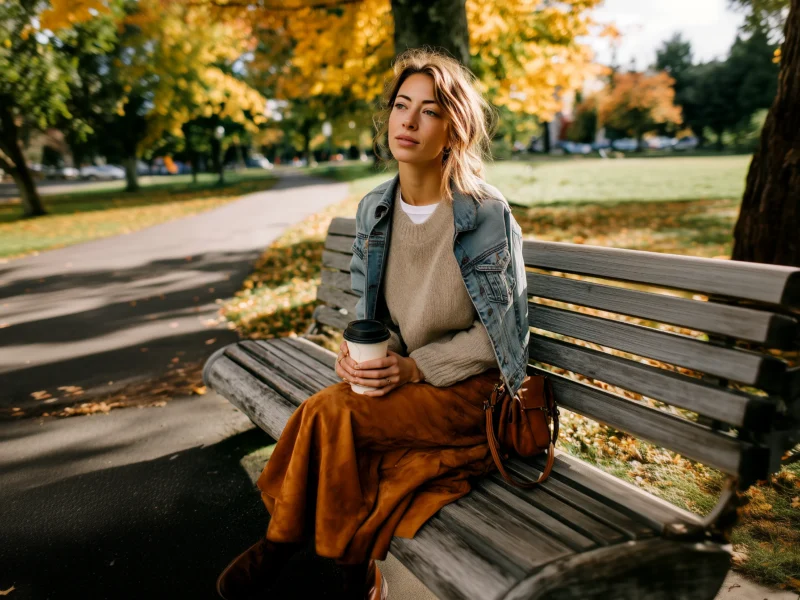 Woman wearing denim jacket over a knit sweater and suede skirt, holding a coffee cup on a park bench surrounded by autumn leaves