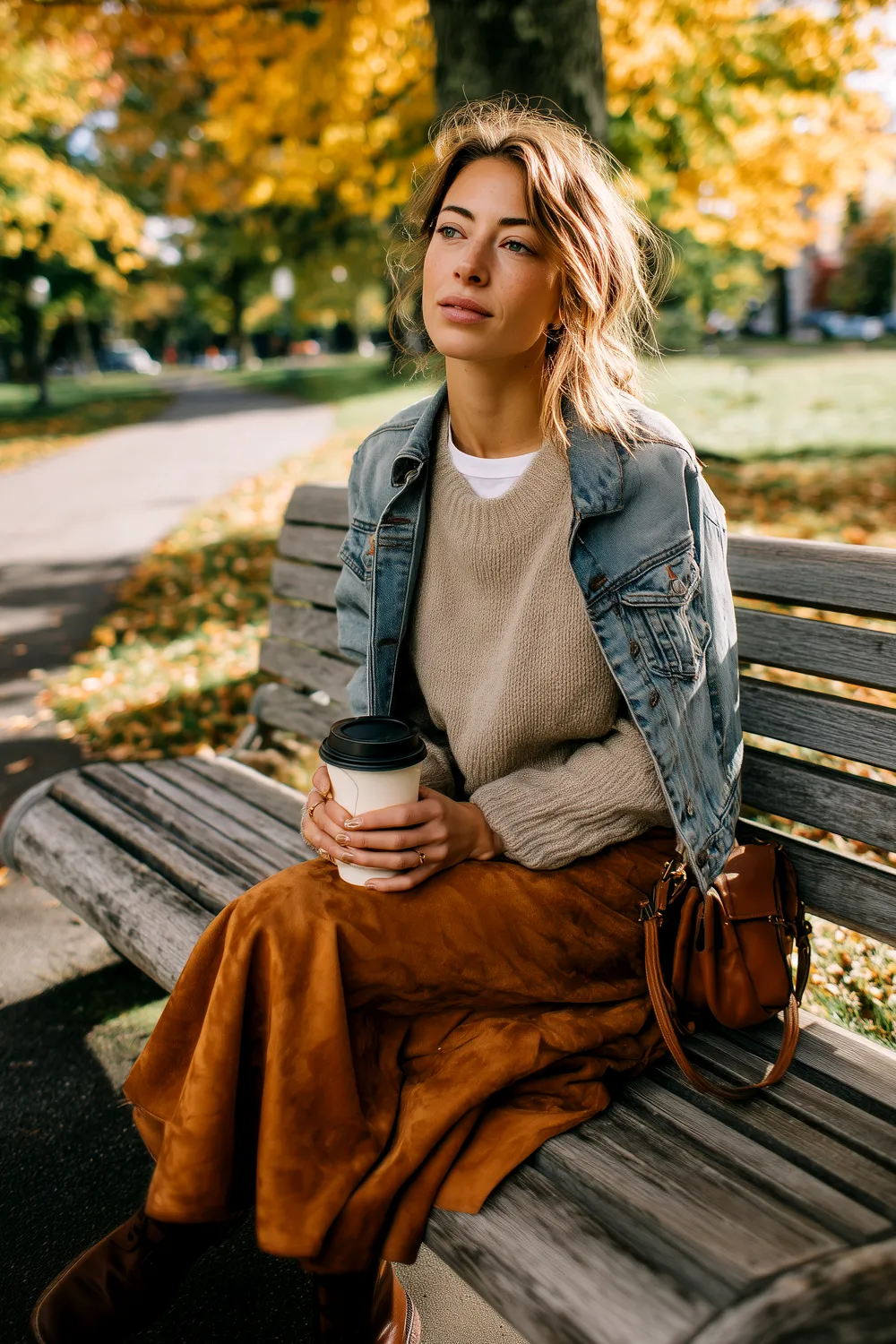 Woman in denim jacket and knit sweater with suede skirt holding coffee on a park bench in autumn