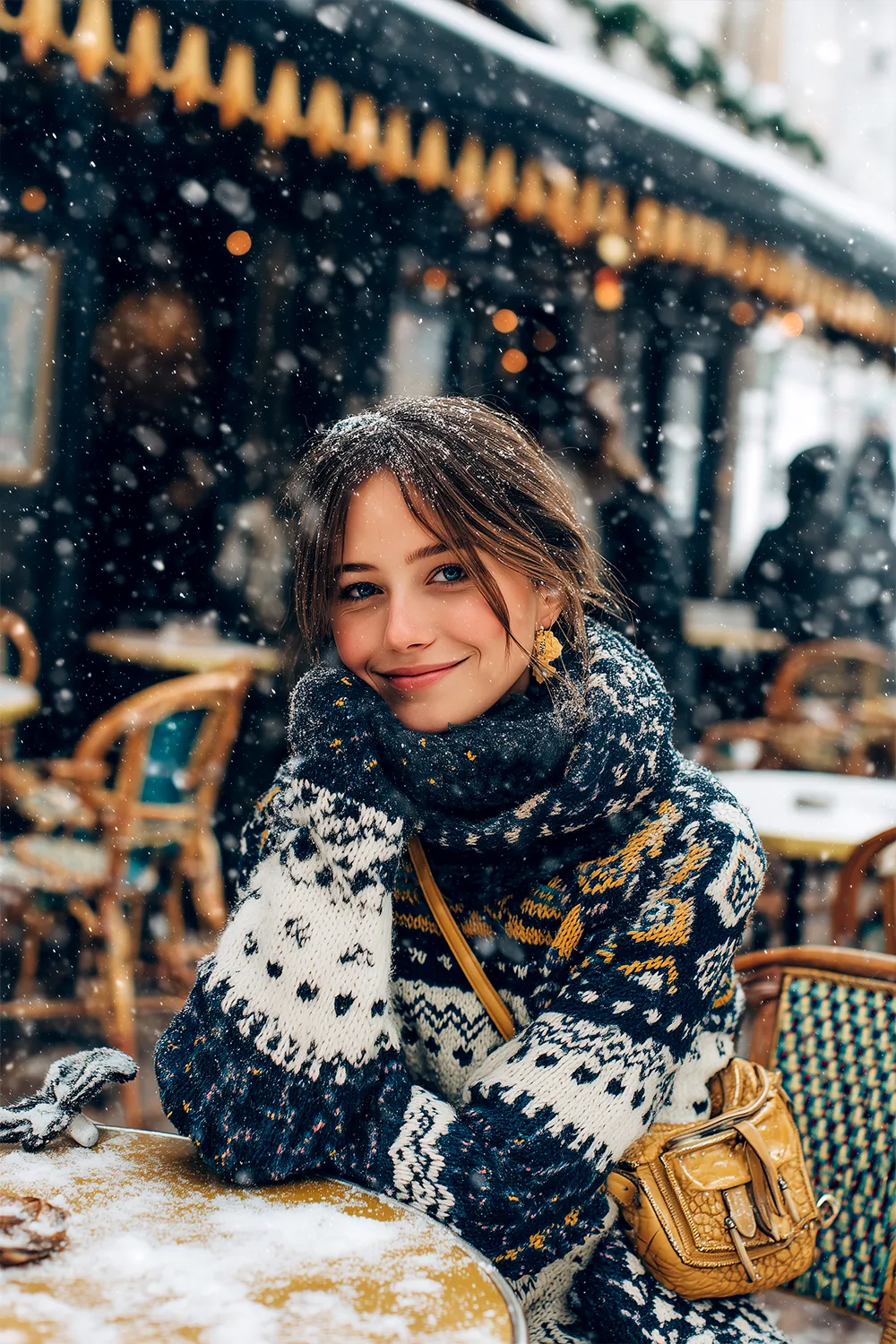 Cozy Winter Coffee Look with Patterned Sweater and Scarf Woman sitting at a snowy café table wearing a patterned knit sweater, chunky scarf, gold earrings and a yellow handbag, smiling in snowfall