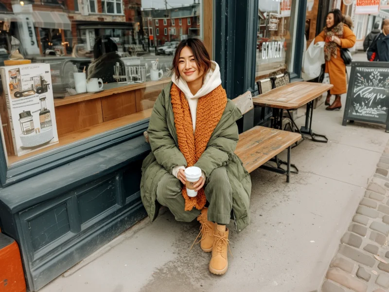 Woman in cozy winter outfit with green puffer coat, orange knit scarf, and tan boots holding coffee outside a café