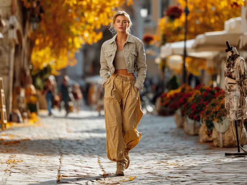 Stylish woman walking through a cobblestone street in fall, wearing a cropped jacket with wide-leg pants, surrounded by golden autumn leaves