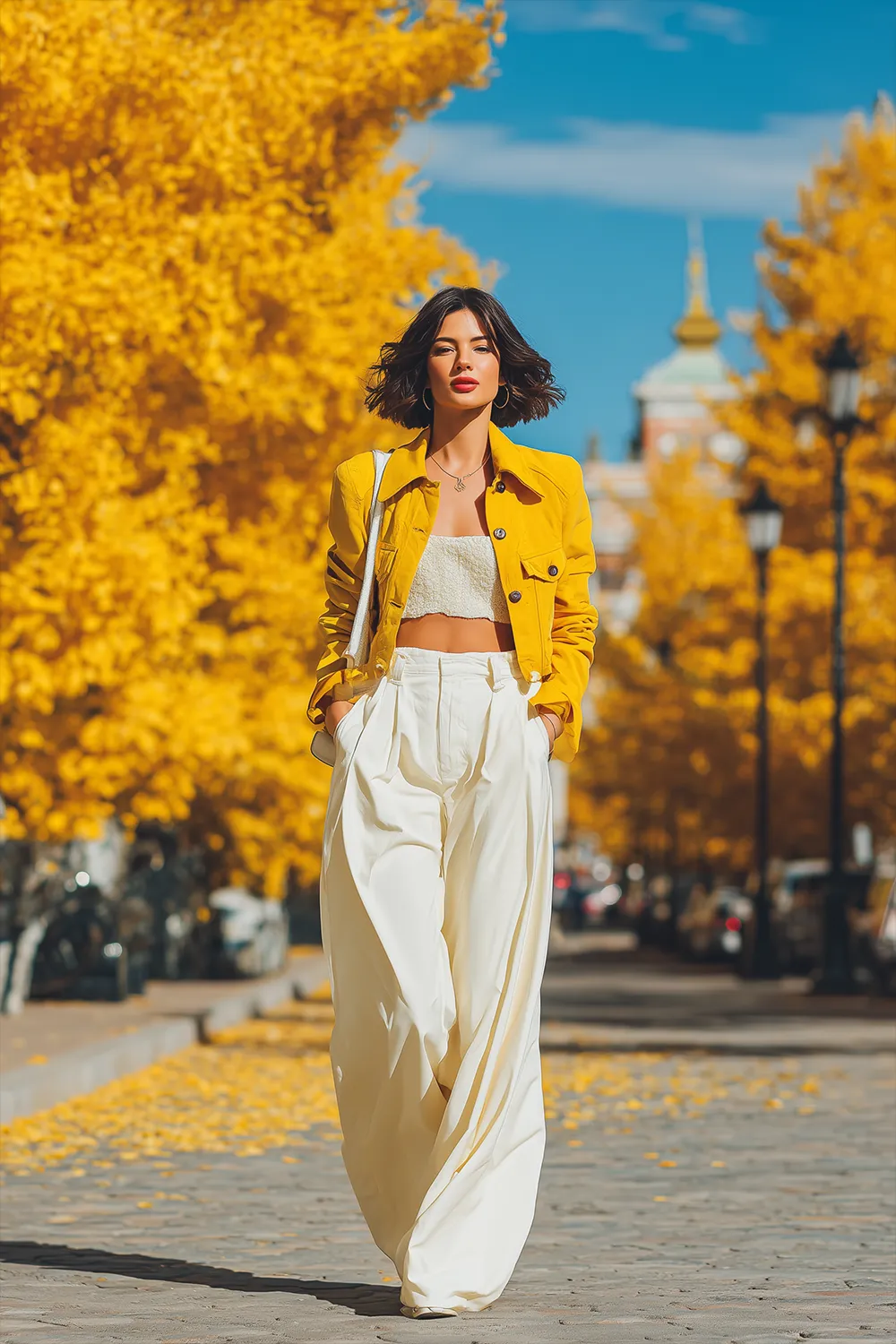 Woman in a cropped jacket with wide-leg pants walking confidently down a street with autumn trees