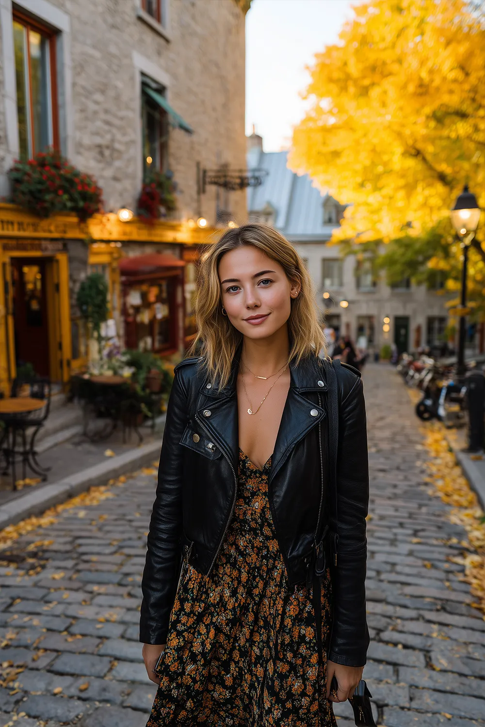 Woman wearing cropped moto jacket with flowy floral dress on cobblestone street in fall
