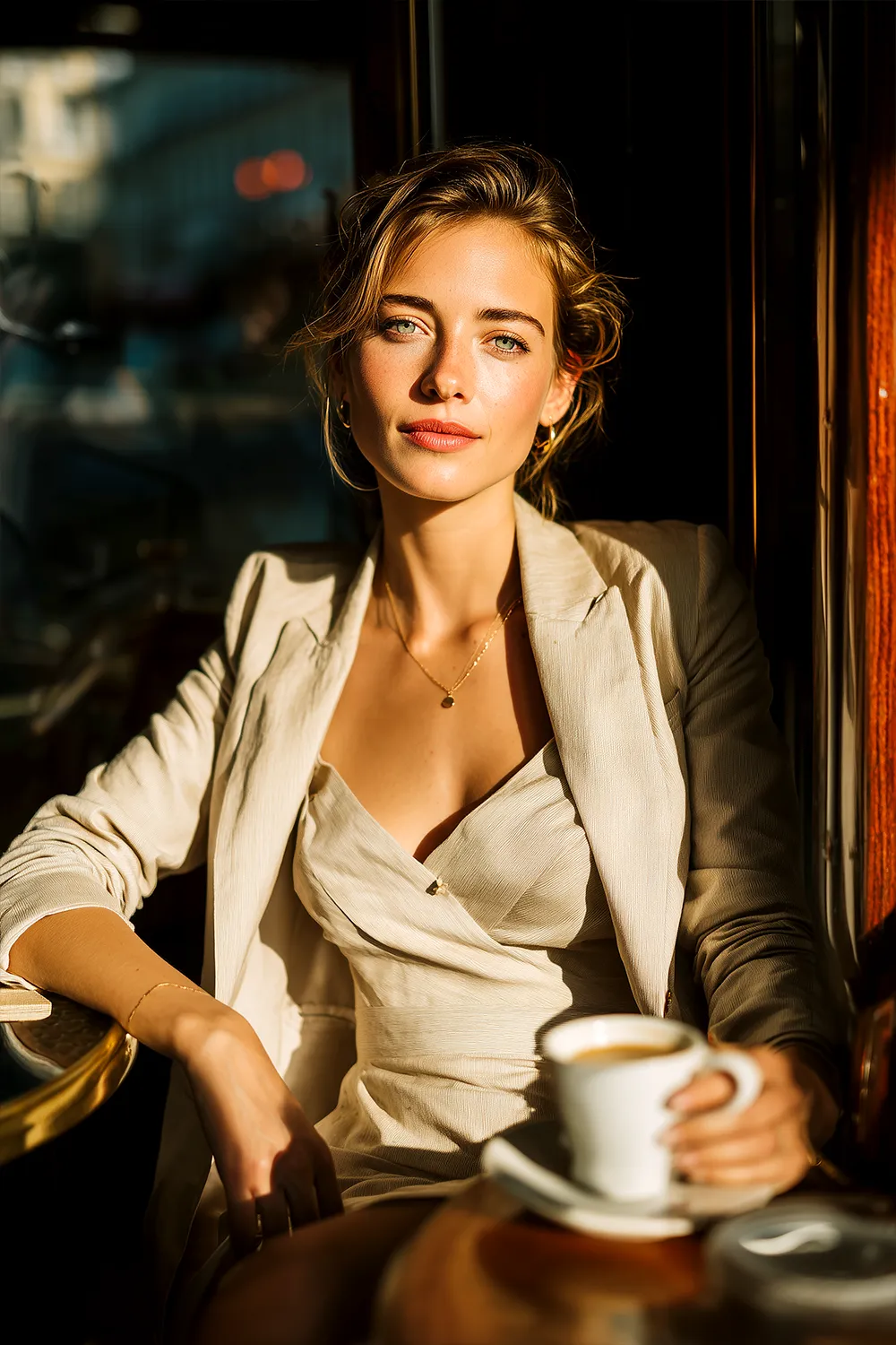 Confident woman in an elegant business casual outfit enjoying coffee in natural light at a cozy café setting