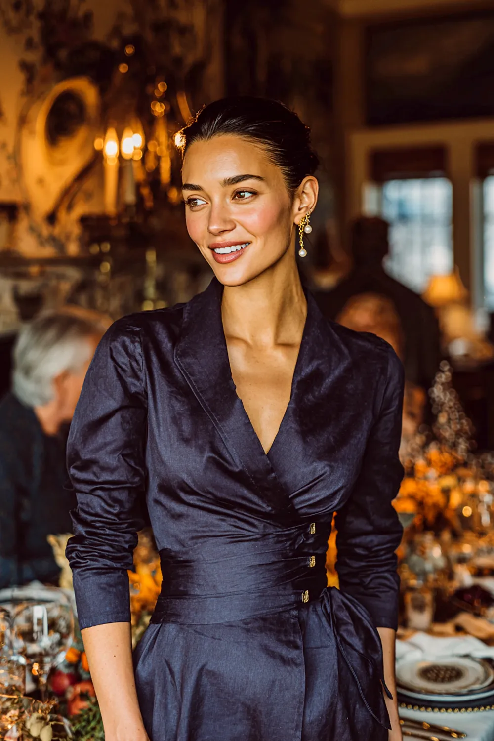 Elegant woman in navy wrap dress smiling at a Thanksgiving family dinner