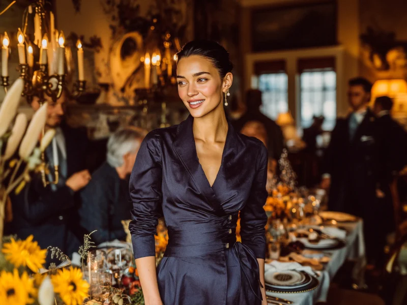Elegant woman in navy wrap dress smiling at a Thanksgiving family dinner table