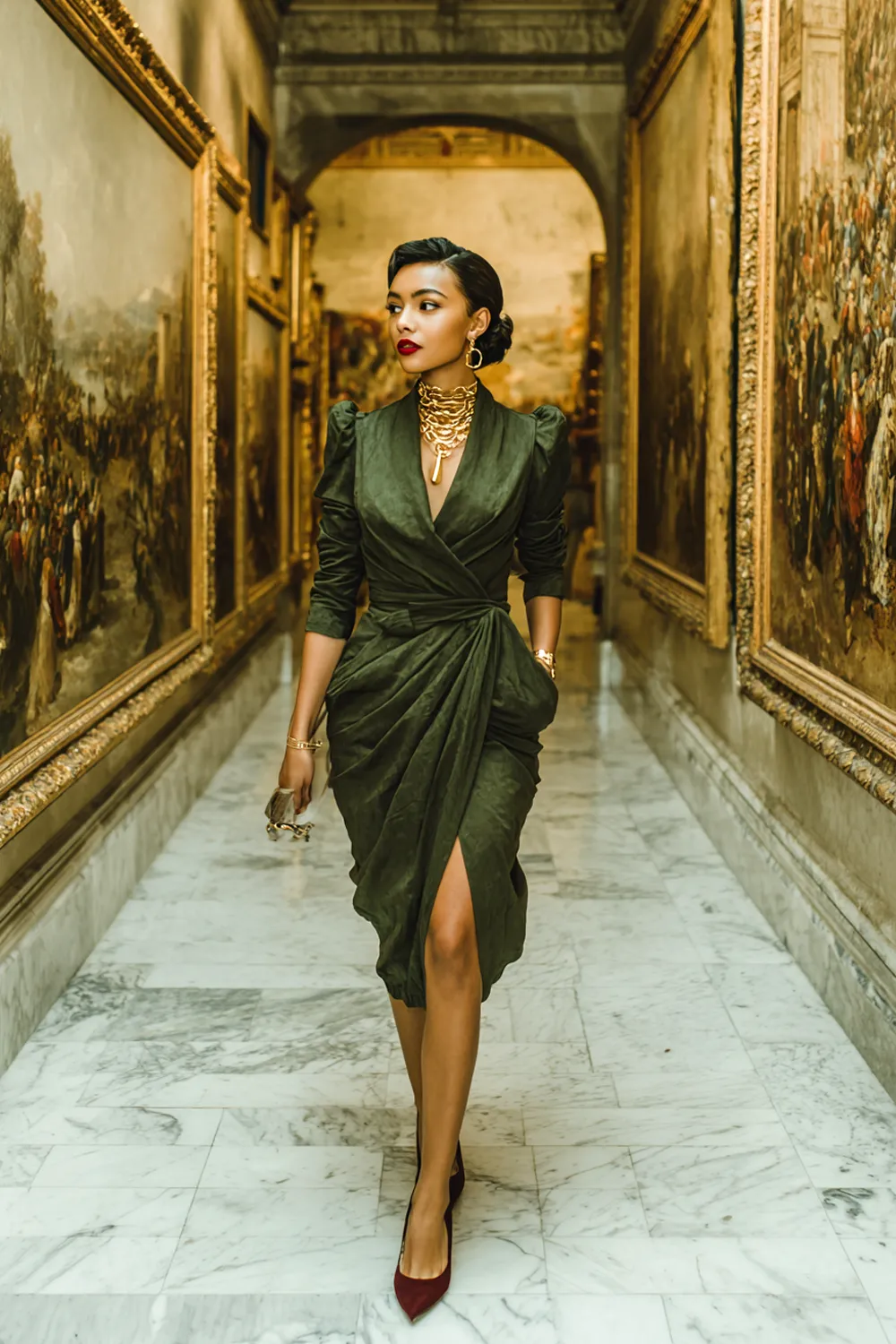 Elegant woman in forest green wrap dress and gold jewelry walking through art gallery