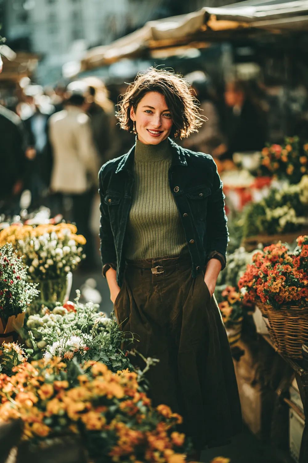Woman in green turtleneck and dark jacket smiling at outdoor flower market in autumn