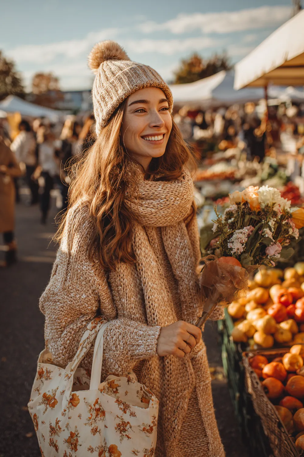 Cozy fall fashion at the farmers market with knitwear and warm smiles Smiling woman in cozy knit sweater and beanie holding flowers at a vibrant fall farmers market with apples and pumpkins