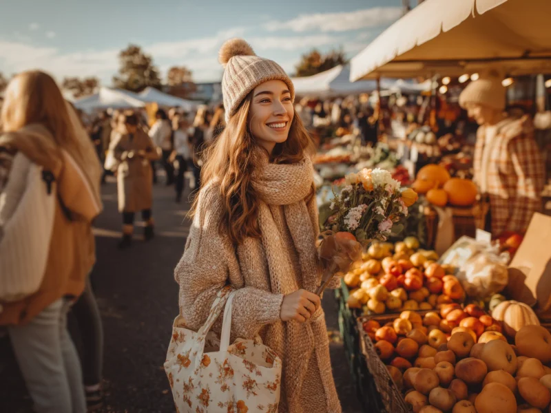 Stylish woman in cozy knitwear and beanie holding flowers at a busy autumn farmers market surrounded by fresh produce and people