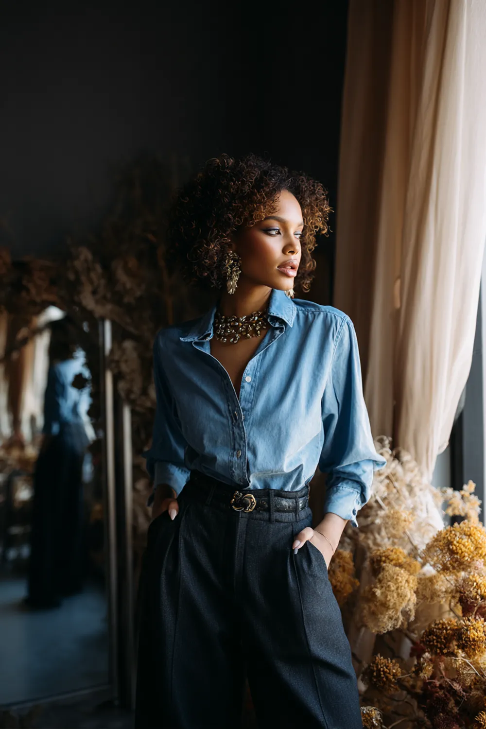 Stylish woman wearing light chambray shirt tucked into dark wide-leg denim, standing by a window with dried fall florals, editorial fall fashion