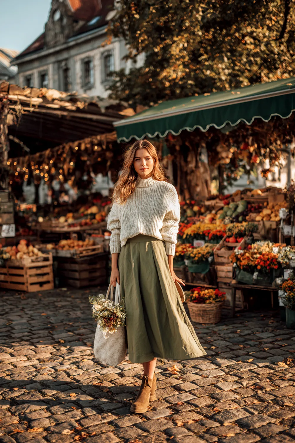 Woman wearing an olive green midi skirt and cream knit sweater at a cozy autumn farmers market, showing feminine fall fashion trends