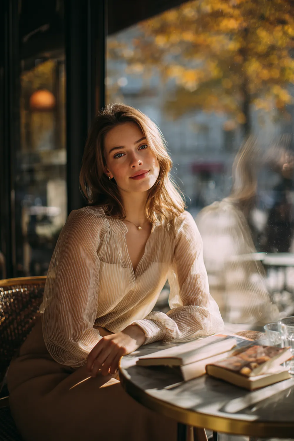 Woman in a sheer striped blouse sitting at a cozy café table with books, warm autumn sunlight and fall trees outside the window