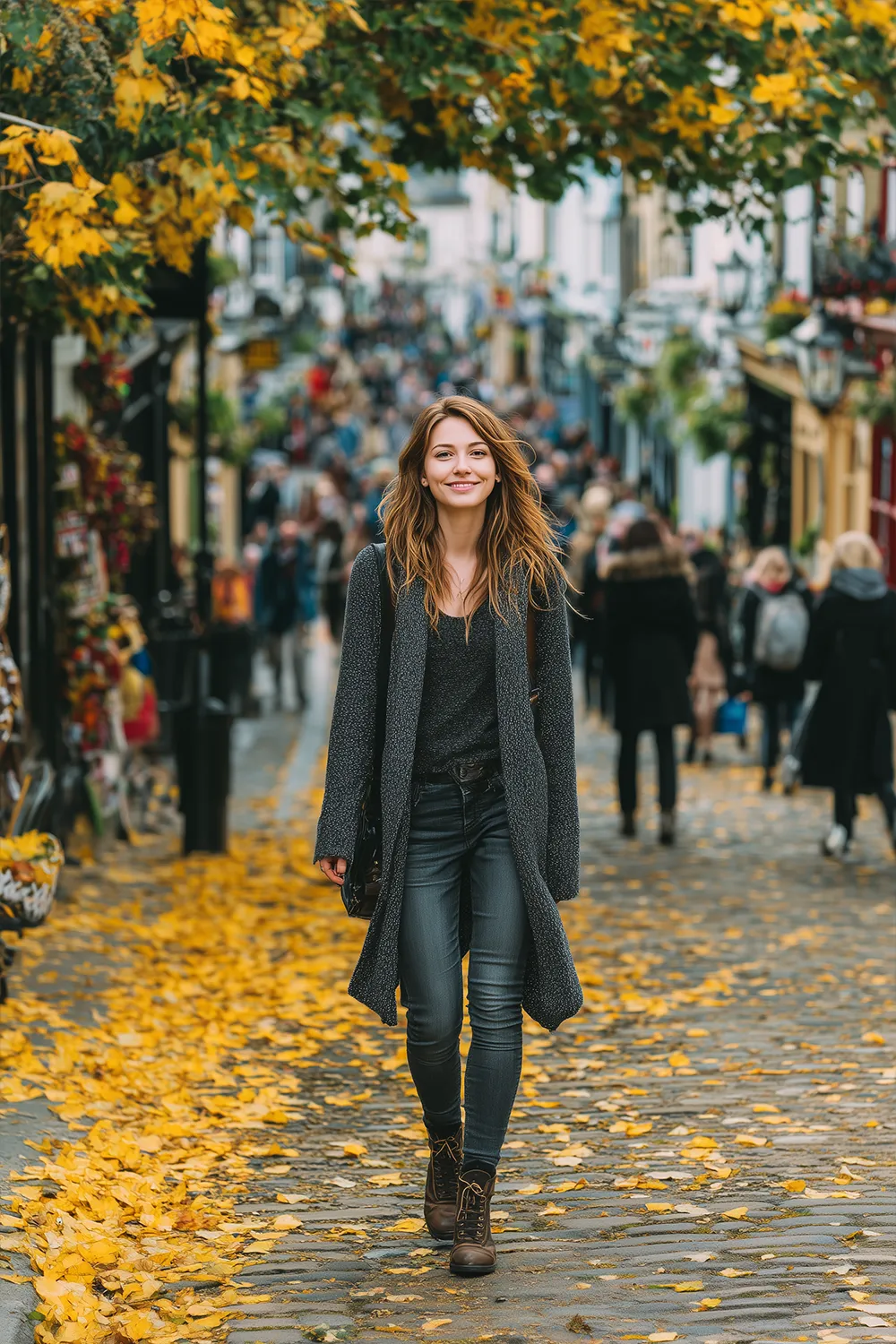 Woman wearing a longline cardigan with skinny jeans walking through a lively autumn street with golden leaves