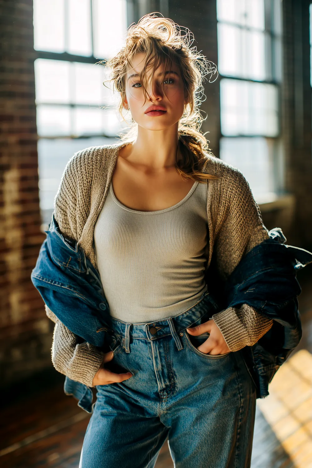 Woman in tank top, cozy sweater and denim jacket over high-waisted jeans in sunlit loft